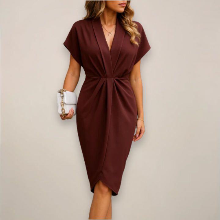 Women's Midi Dress - V-Neck Twist Front Short Sleeve