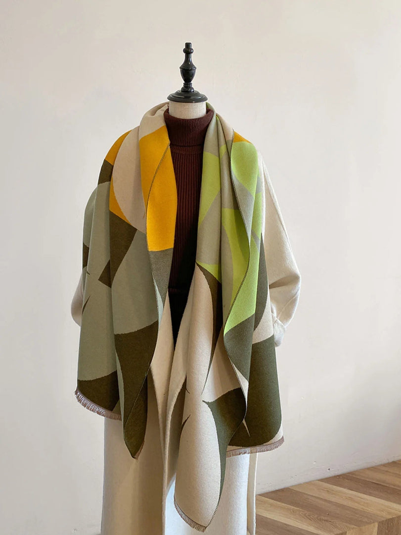Women's Oversized Blanket Scarf - Geometric Color Block Woven Wrap