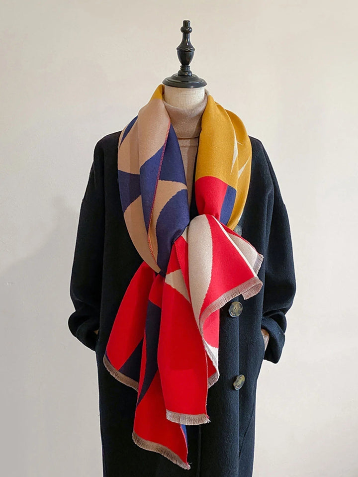 Women's Oversized Blanket Scarf - Geometric Color Block Woven Wrap