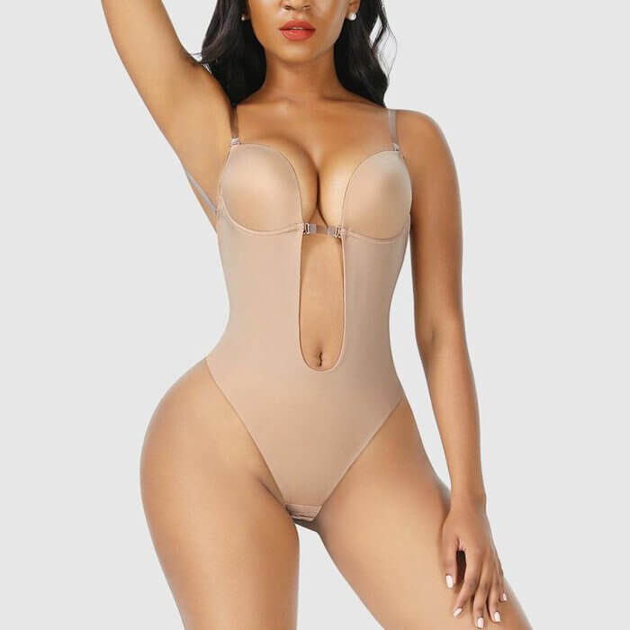 Women's Plunge Bodysuit - Backless Thong Cut with Clear Straps