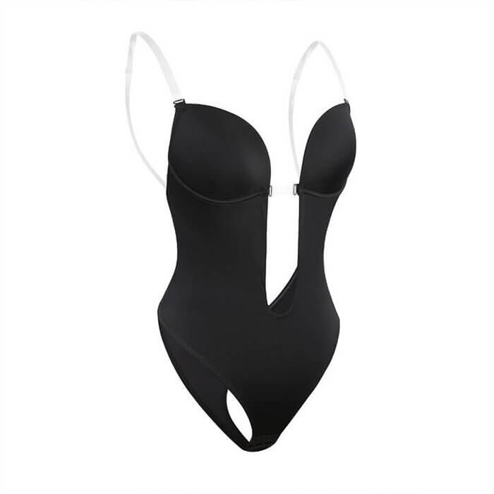 Women's Plunge Bodysuit - Backless Thong Cut with Clear Straps