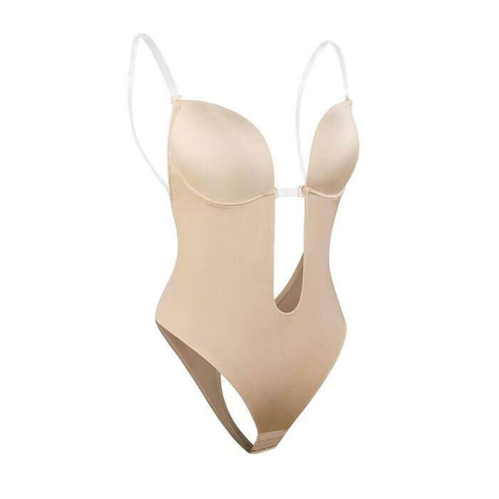 Women's Plunge Bodysuit - Backless Thong Cut with Clear Straps