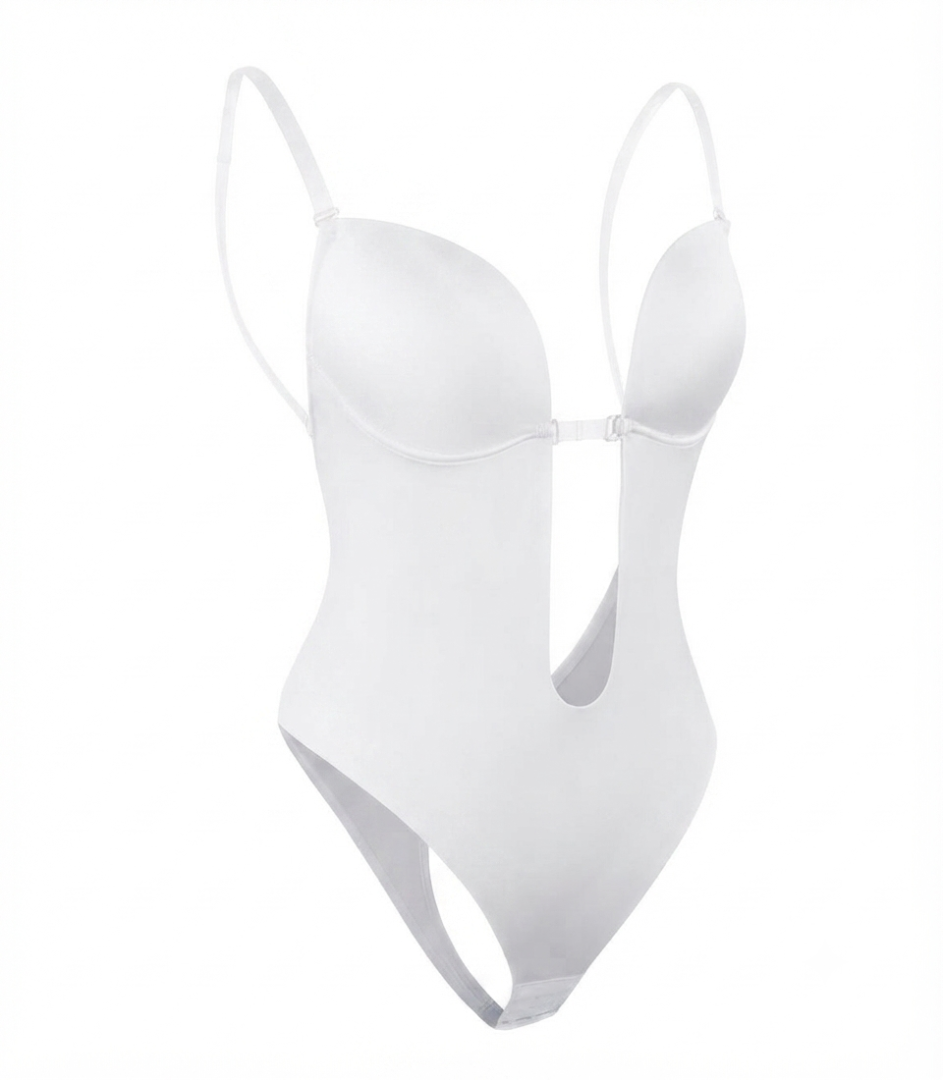 Women's Plunge Bodysuit - Backless Thong Cut with Clear Straps
