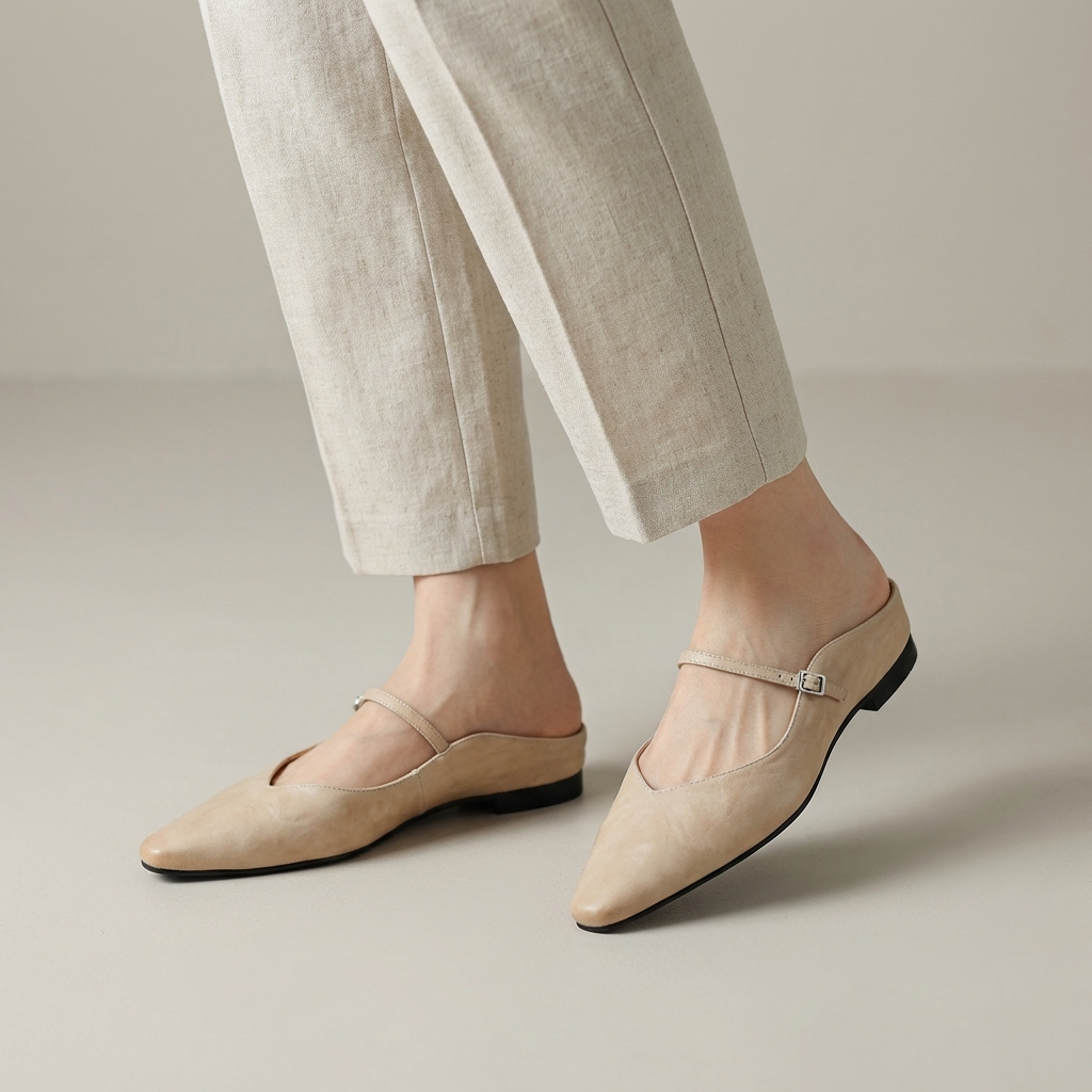 Women's Pointed Toe Mule Flats - Slip-On Buckle Strap