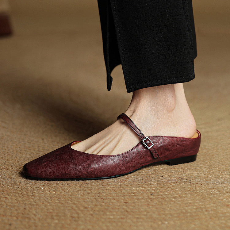 Women's Pointed Toe Mule Flats - Slip-On Buckle Strap