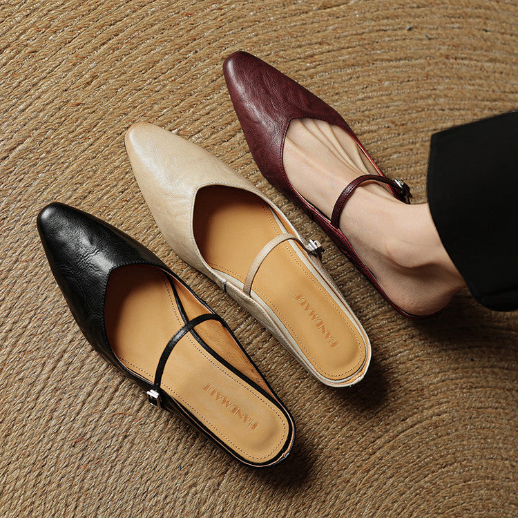 Women's Pointed Toe Mule Flats - Slip-On Buckle Strap