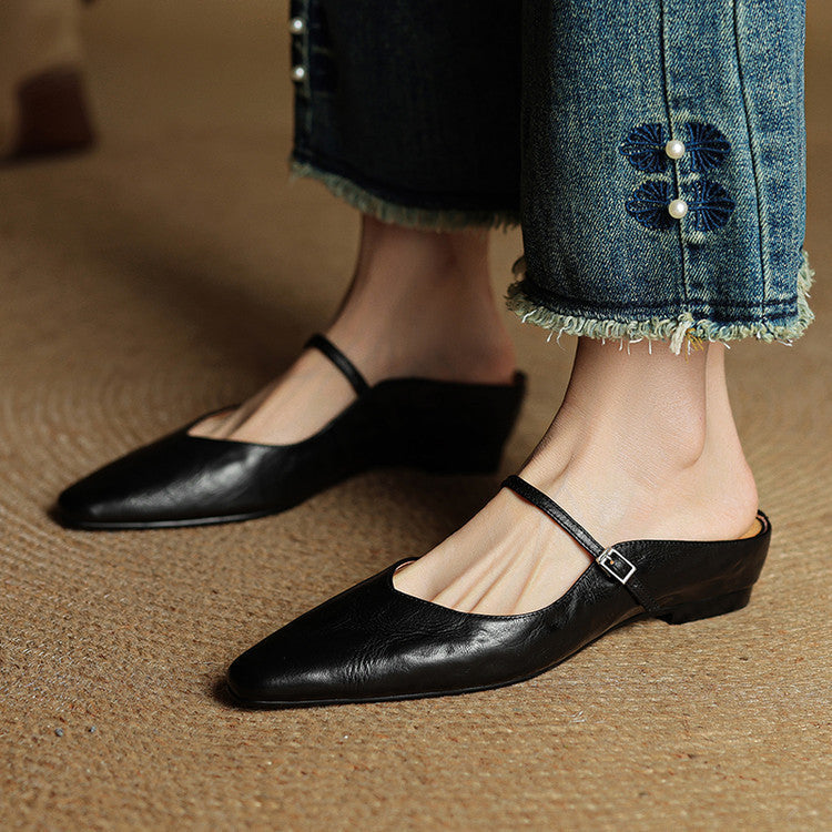 Women's Pointed Toe Mule Flats - Slip-On Buckle Strap