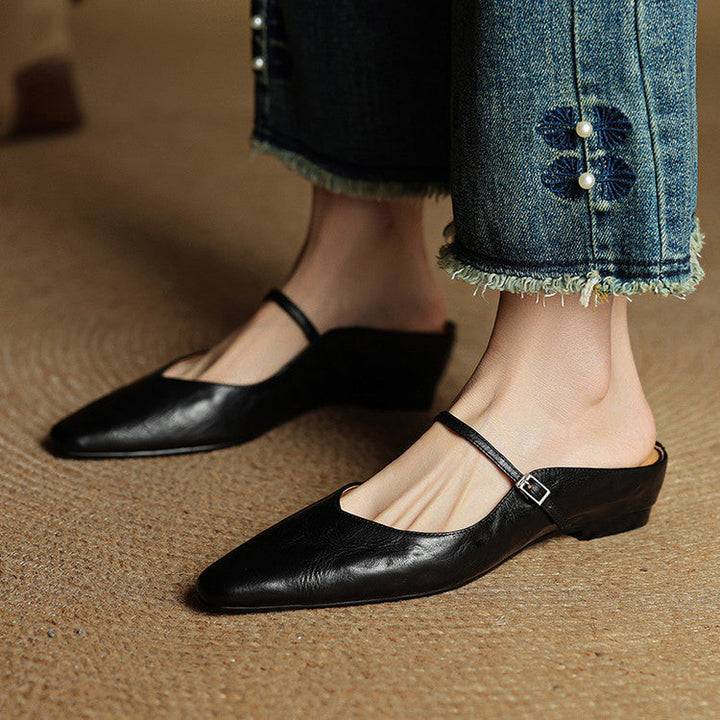 Women's Pointed Toe Mule Flats - Slip-On Buckle Strap