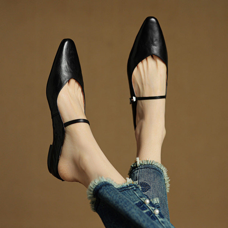 Women's Pointed Toe Mule Flats - Slip-On Buckle Strap