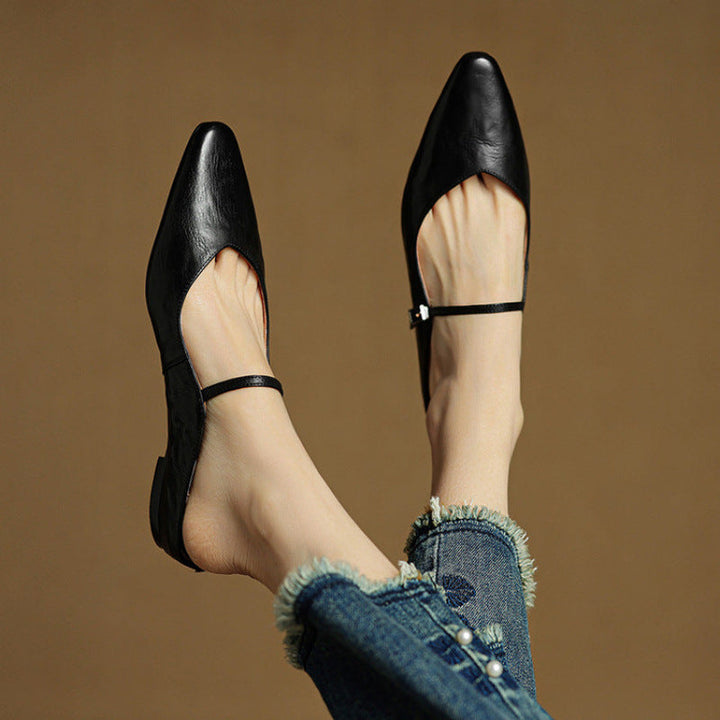 Women's Pointed Toe Mule Flats - Slip-On Buckle Strap
