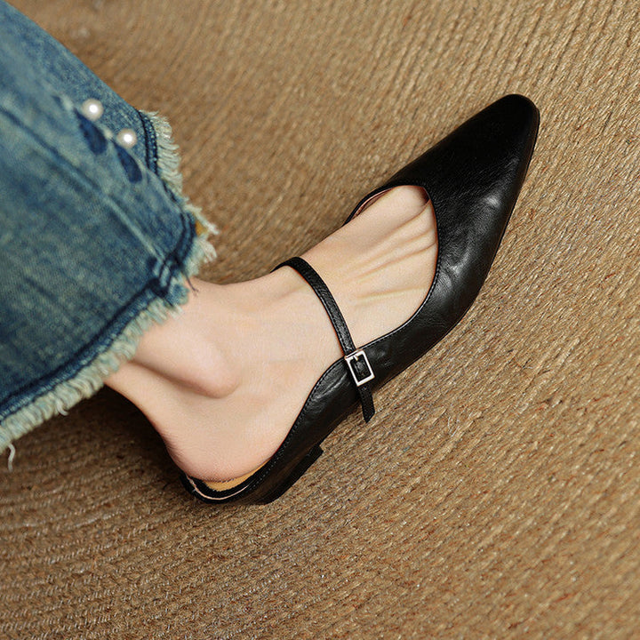 Women's Pointed Toe Mule Flats - Slip-On Buckle Strap