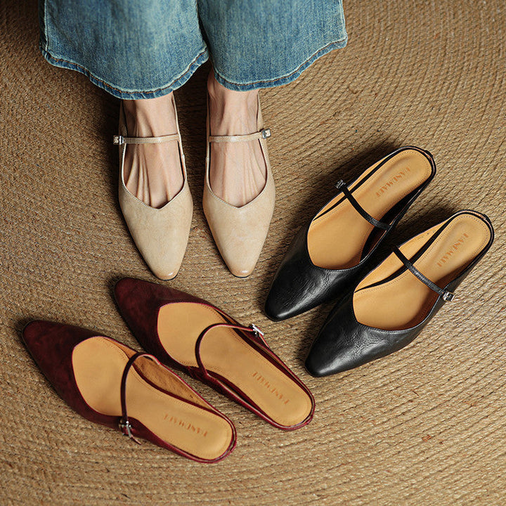 Women's Pointed Toe Mule Flats - Slip-On Buckle Strap