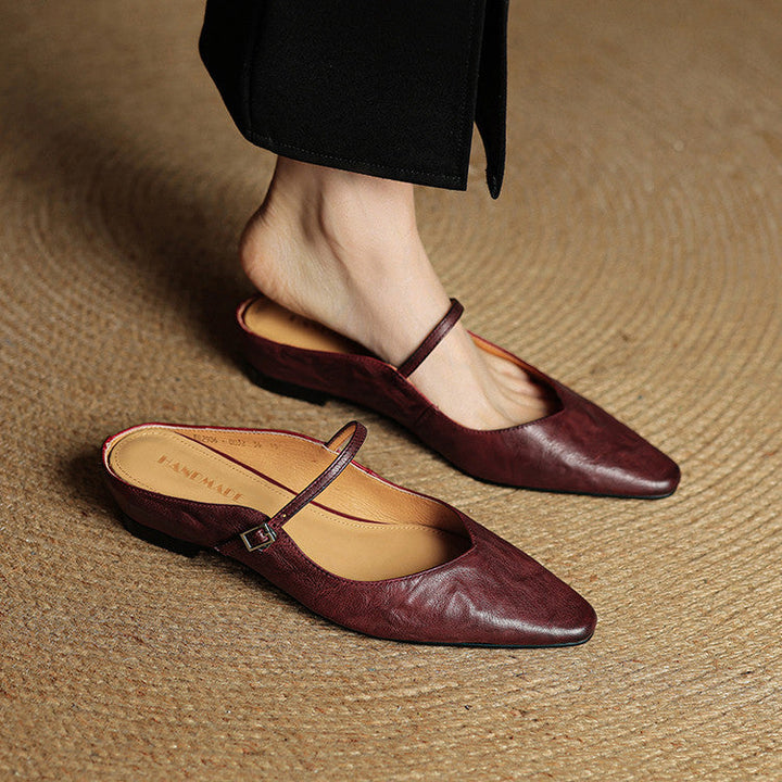 Women's Pointed Toe Mule Flats - Slip-On Buckle Strap