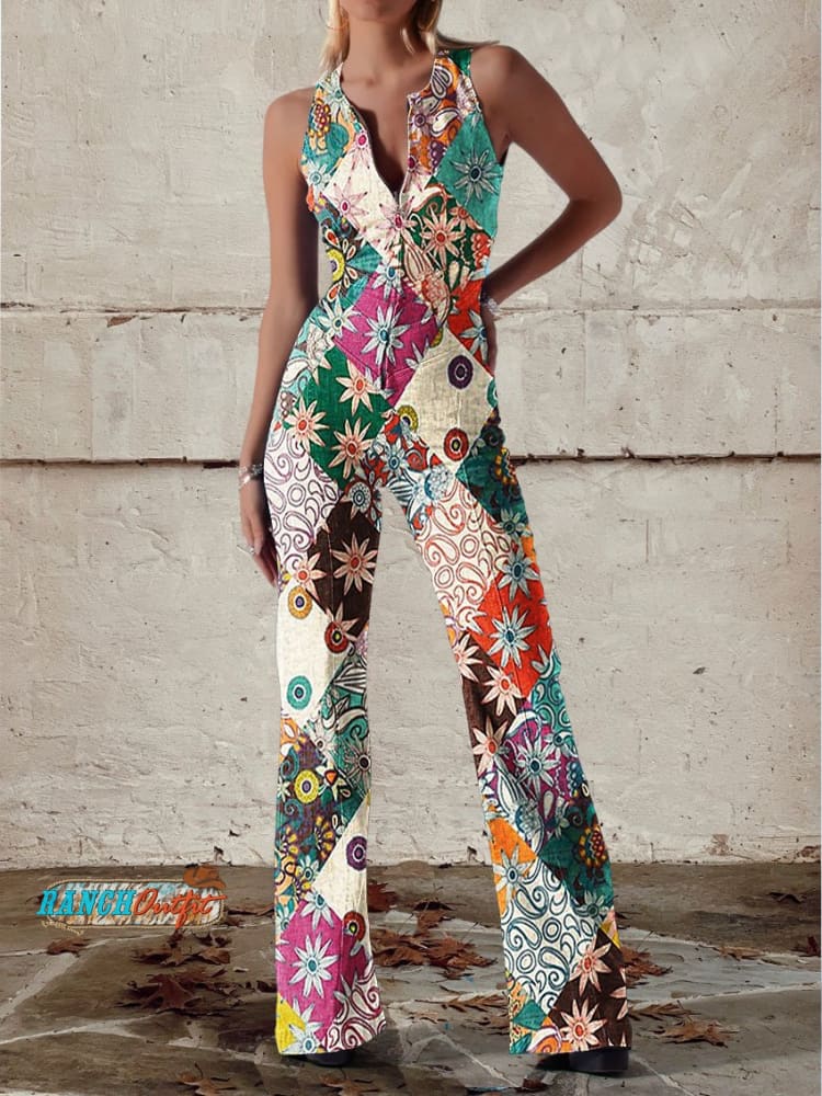 Women's Printed Jumpsuit - Sleeveless V-Neck Wide Leg