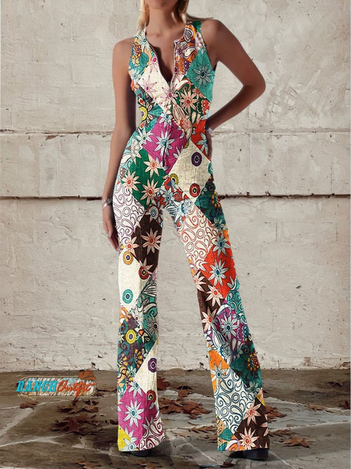 Women's Printed Jumpsuit - Sleeveless V-Neck Wide Leg