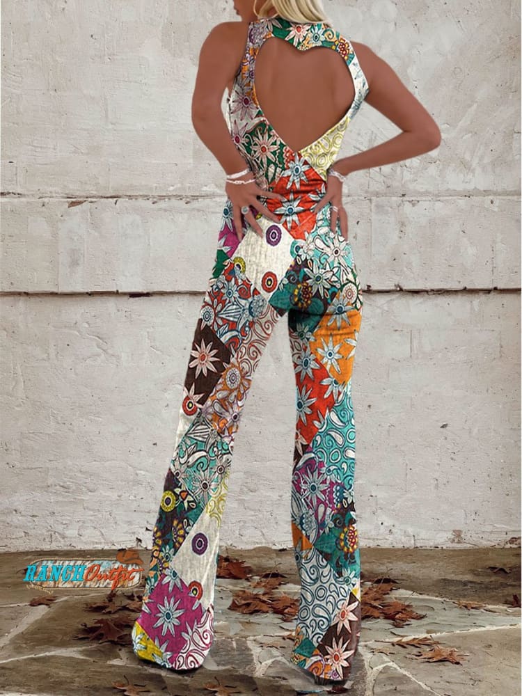 Women's Printed Jumpsuit - Sleeveless V-Neck Wide Leg