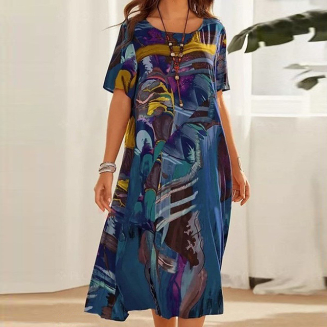 Women's Printed Midi Dress - Round Neck Short Sleeve A-Line