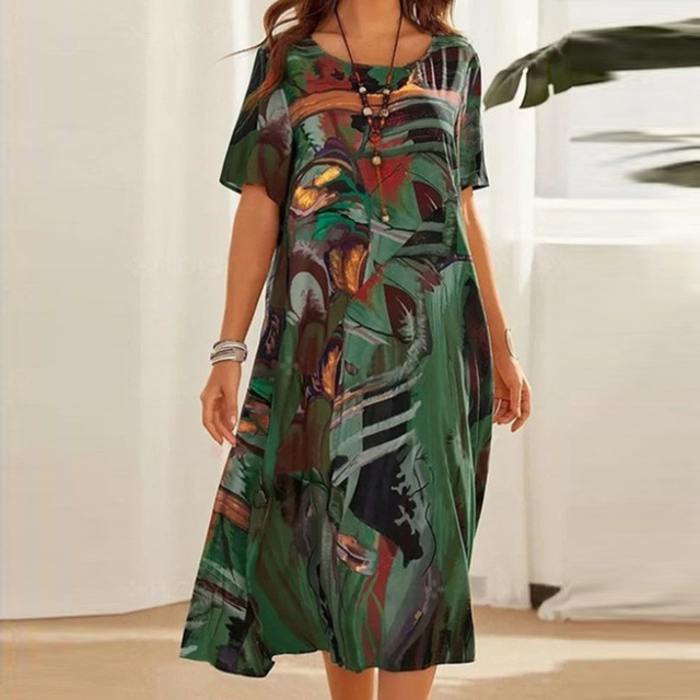 Women's Printed Midi Dress - Round Neck Short Sleeve A-Line