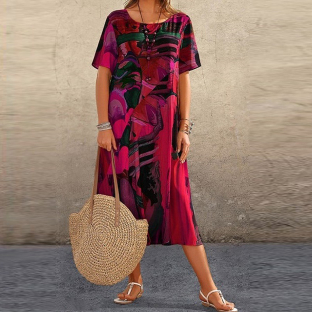Women's Printed Midi Dress - Round Neck Short Sleeve A-Line