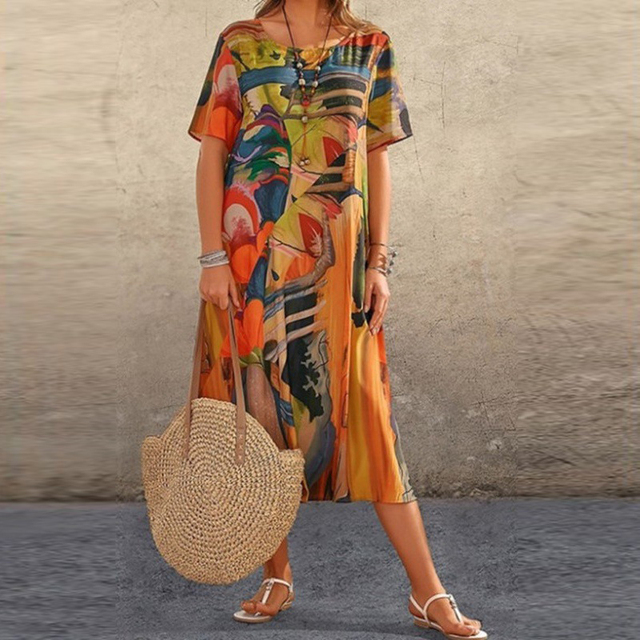 Women's Printed Midi Dress - Round Neck Short Sleeve A-Line