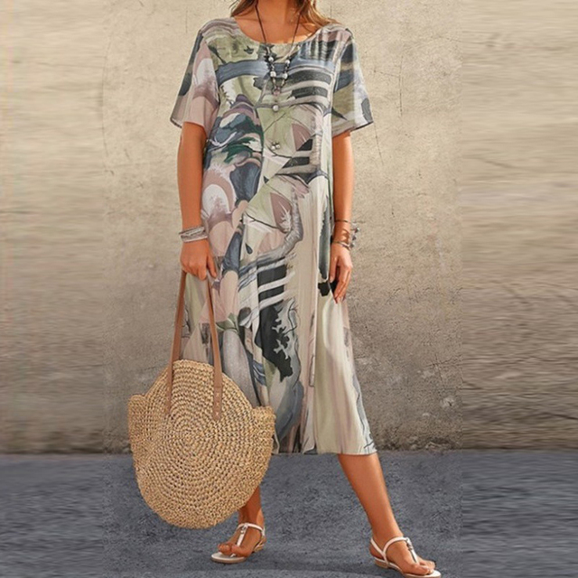 Women's Printed Midi Dress - Round Neck Short Sleeve A-Line