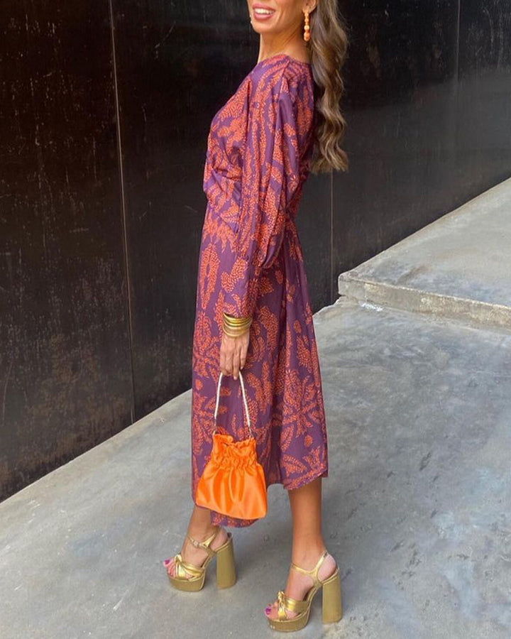 Women's Printed Midi Dress - V-Neck Twist Front Long Sleeve