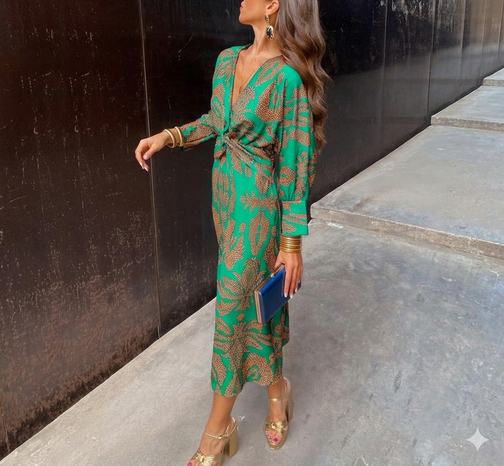 Women's Printed Midi Dress - V-Neck Twist Front Long Sleeve