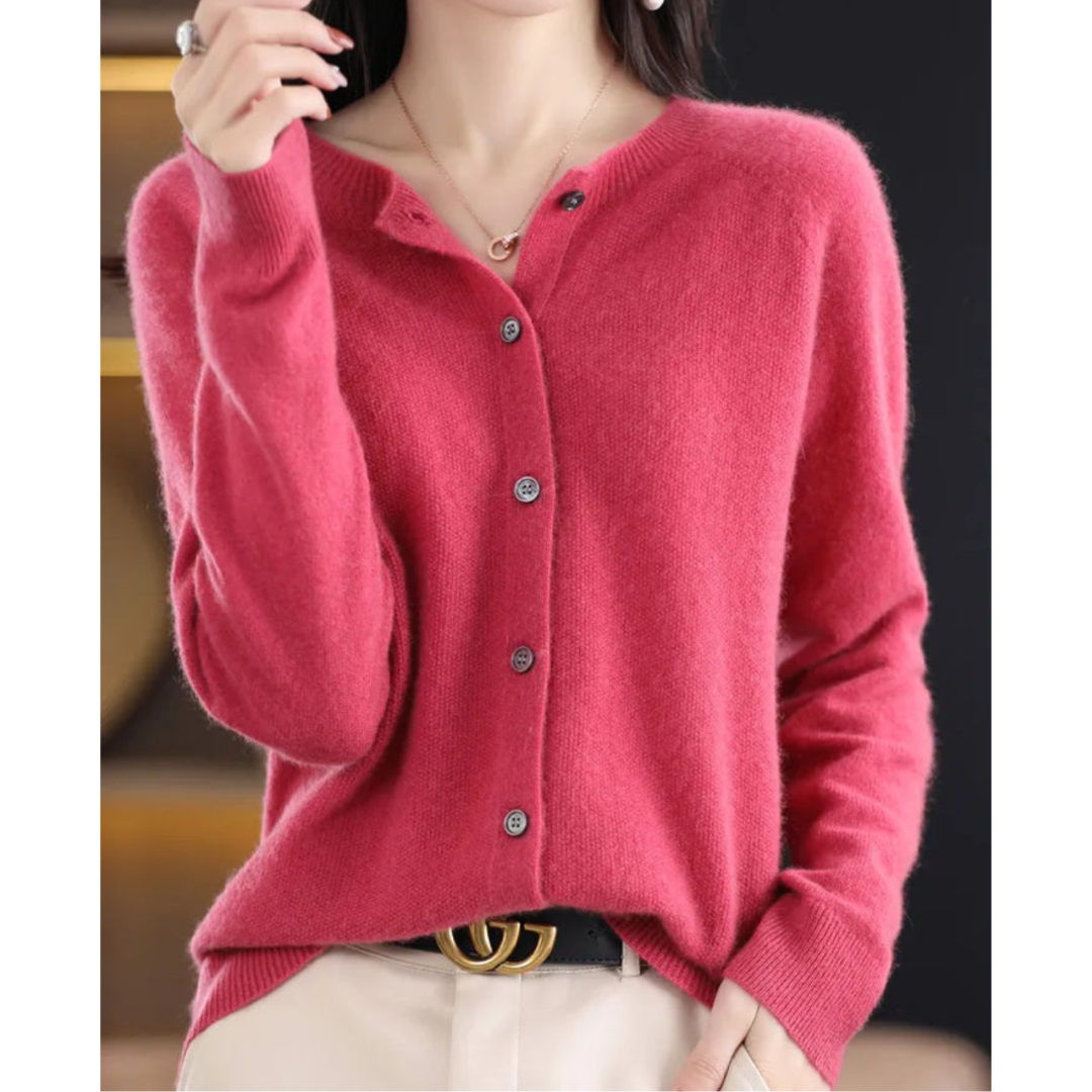 Women's Round Neck Knit Cardigan - Button Front Long Sleeve