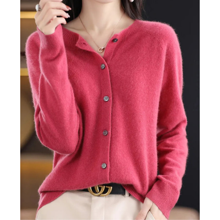 Women's Round Neck Knit Cardigan - Button Front Long Sleeve