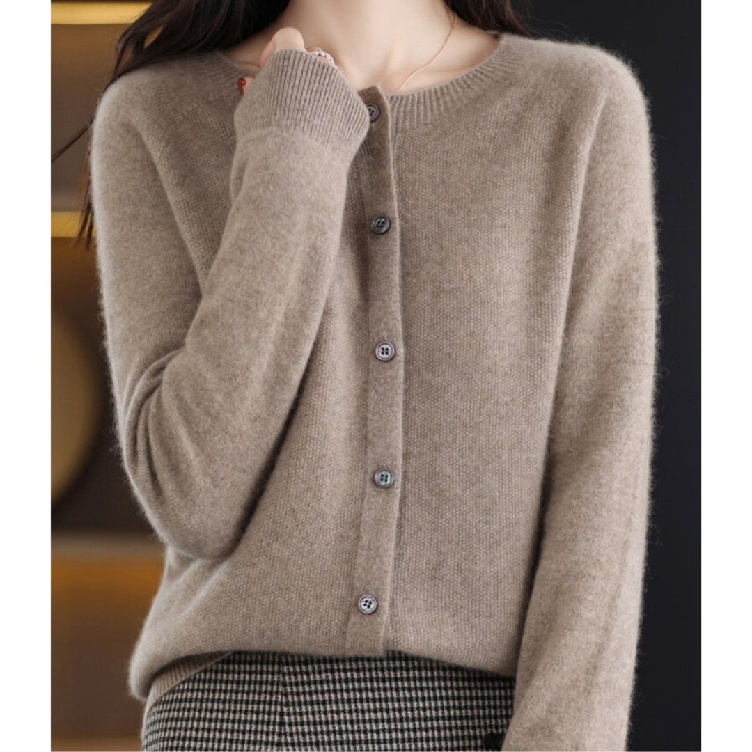 Women's Round Neck Knit Cardigan - Button Front Long Sleeve