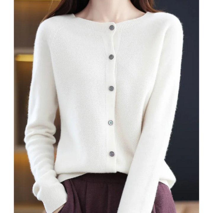 Women's Round Neck Knit Cardigan - Button Front Long Sleeve