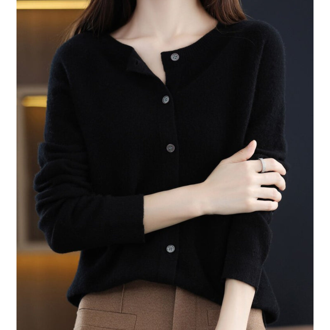 Women's Round Neck Knit Cardigan - Button Front Long Sleeve