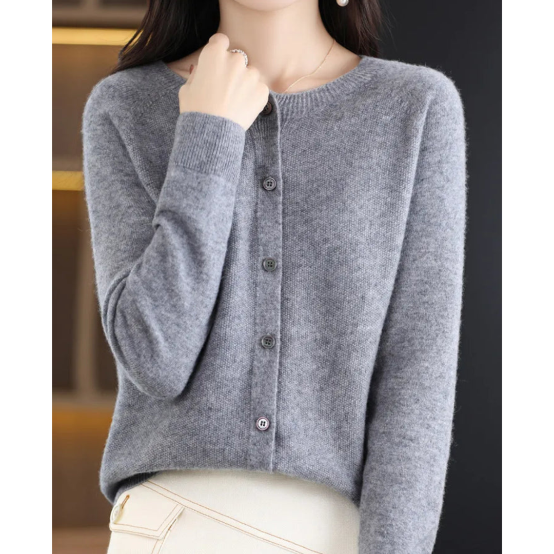 Women's Round Neck Knit Cardigan - Button Front Long Sleeve