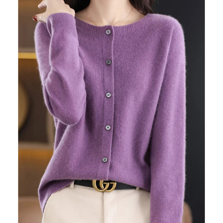 Women's Round Neck Knit Cardigan - Button Front Long Sleeve