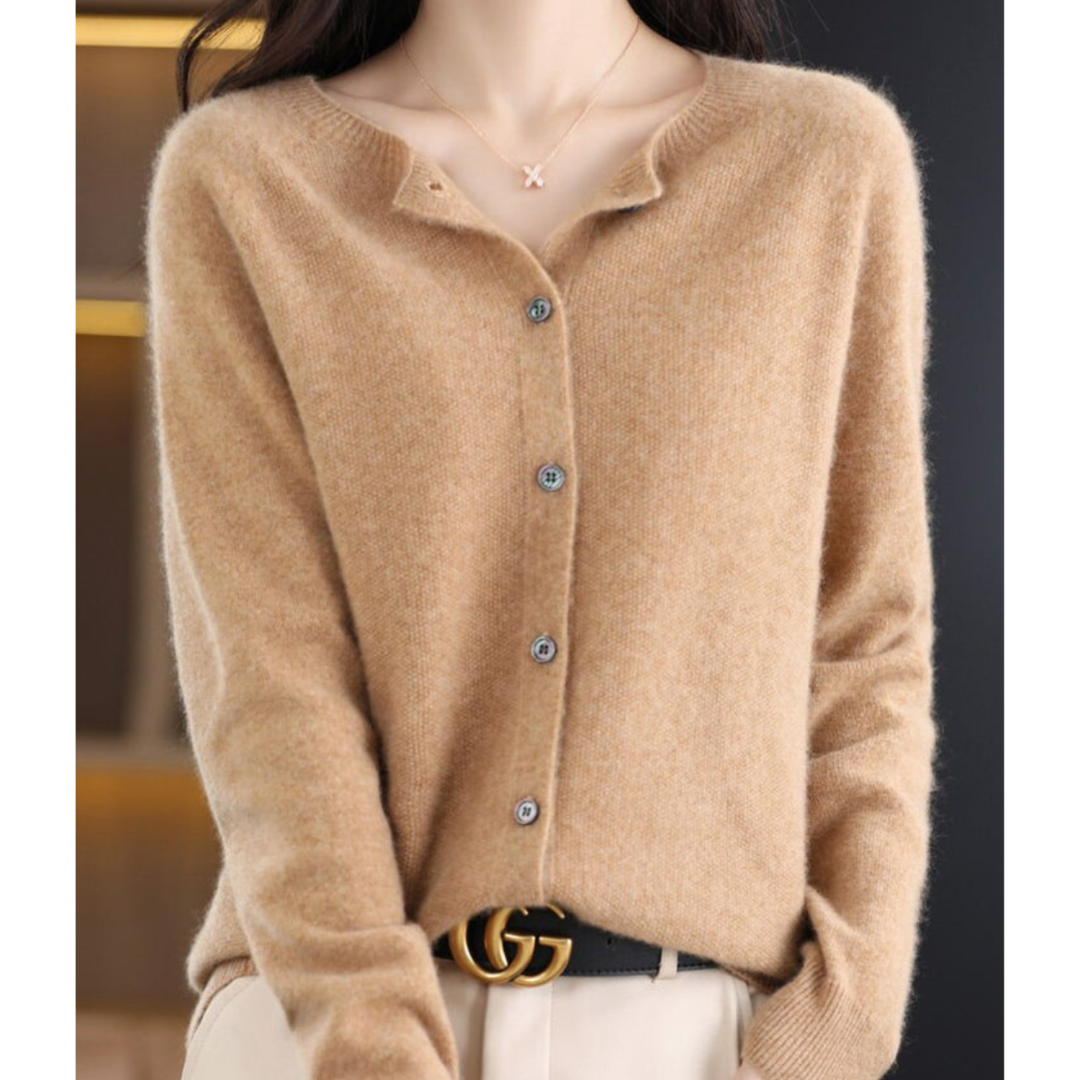 Women's Round Neck Knit Cardigan - Button Front Long Sleeve