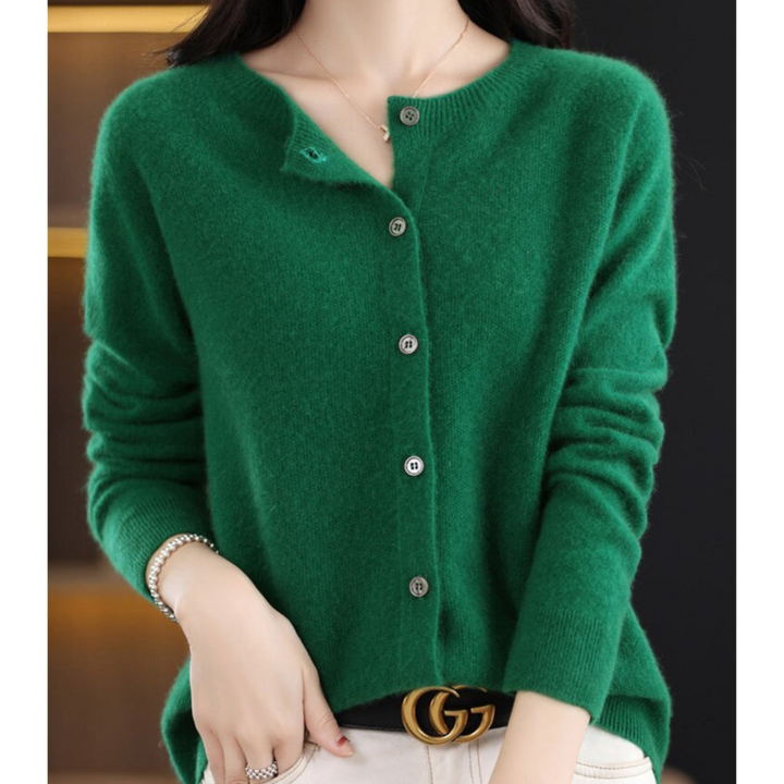 Women's Round Neck Knit Cardigan - Button Front Long Sleeve