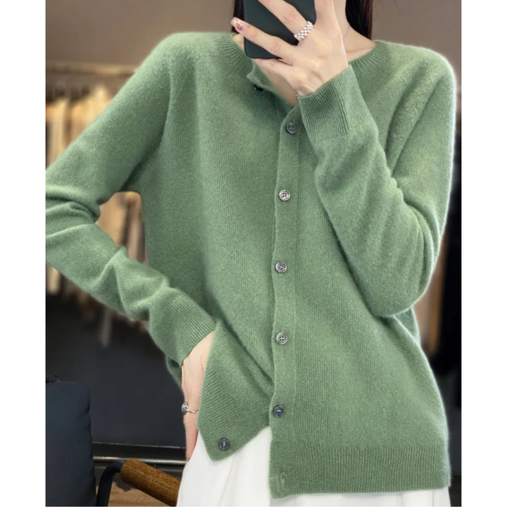 Women's Round Neck Knit Cardigan - Button Front Long Sleeve