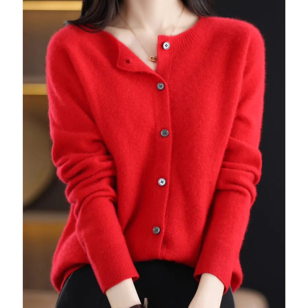 Women's Round Neck Knit Cardigan - Button Front Long Sleeve