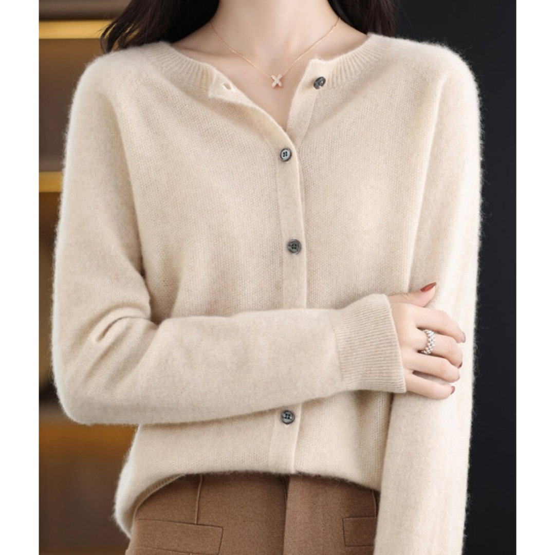 Women's Round Neck Knit Cardigan - Button Front Long Sleeve