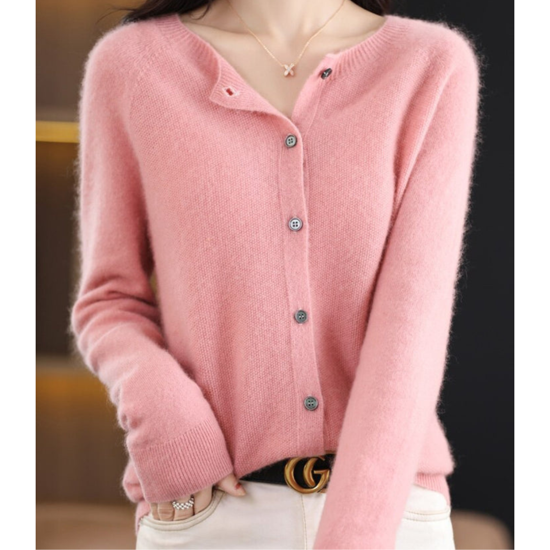 Women's Round Neck Knit Cardigan - Button Front Long Sleeve