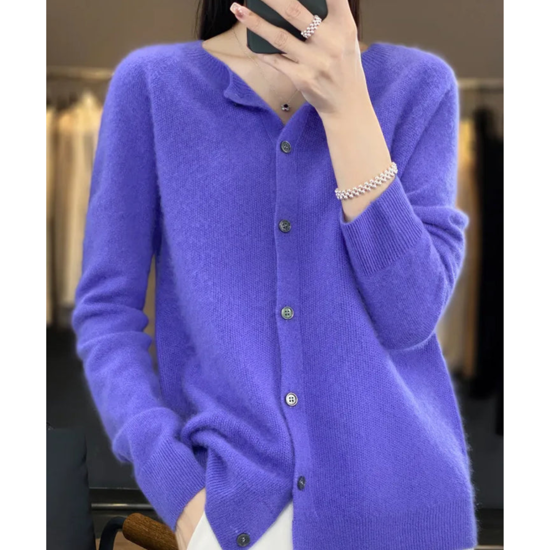 Women's Round Neck Knit Cardigan - Button Front Long Sleeve