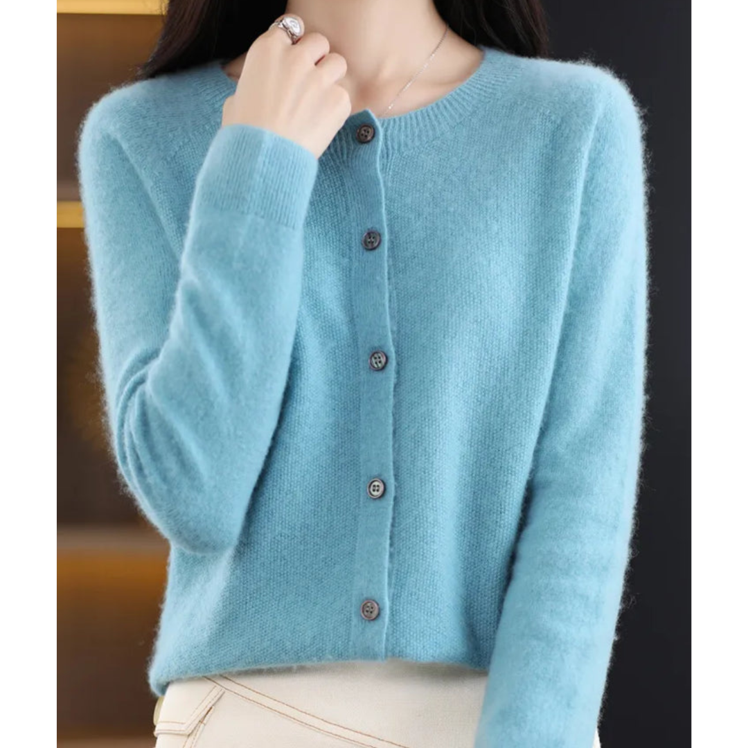 Women's Round Neck Knit Cardigan - Button Front Long Sleeve