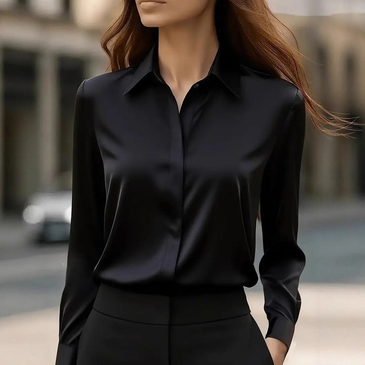Women's Satin Shirt - Long Sleeve Concealed Placket Button Front