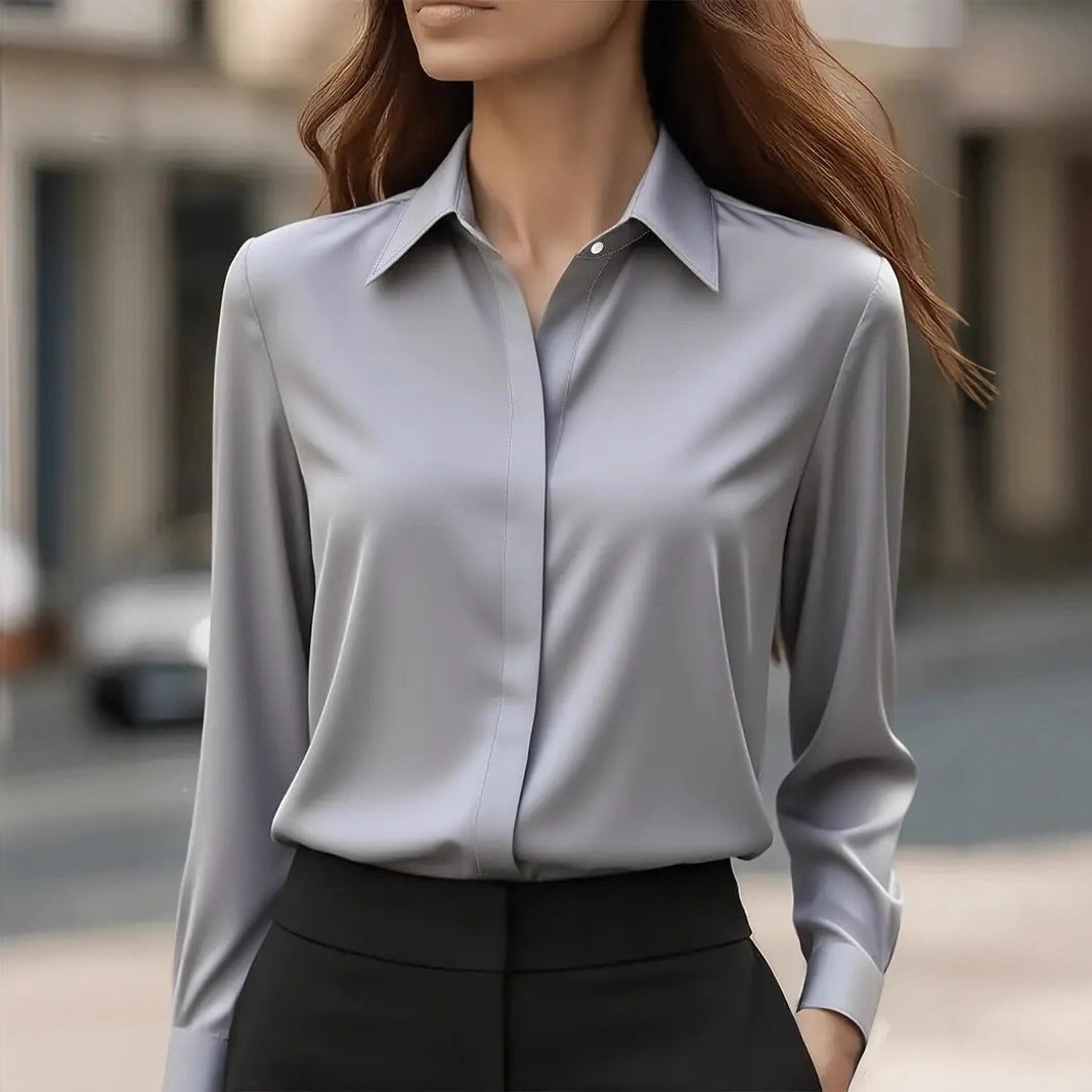 Women's Satin Shirt - Long Sleeve Concealed Placket Button Front