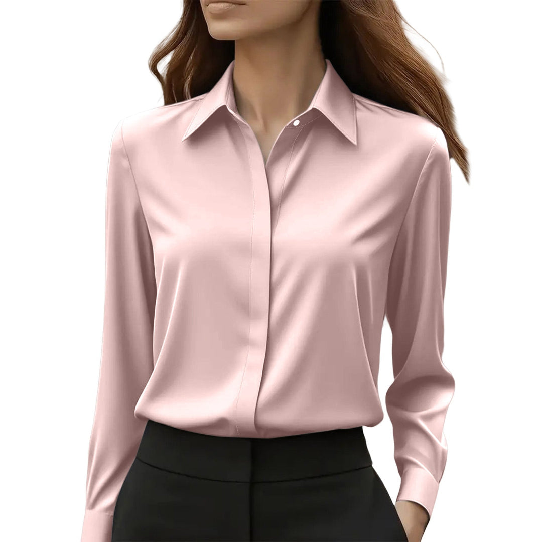 Women's Satin Shirt - Long Sleeve Concealed Placket Button Front