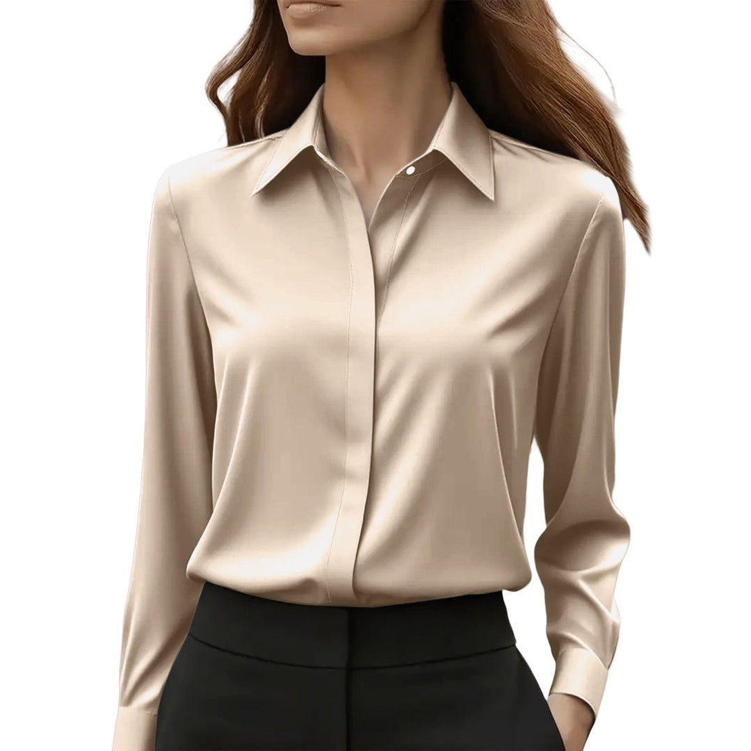 Women's Satin Shirt - Long Sleeve Concealed Placket Button Front