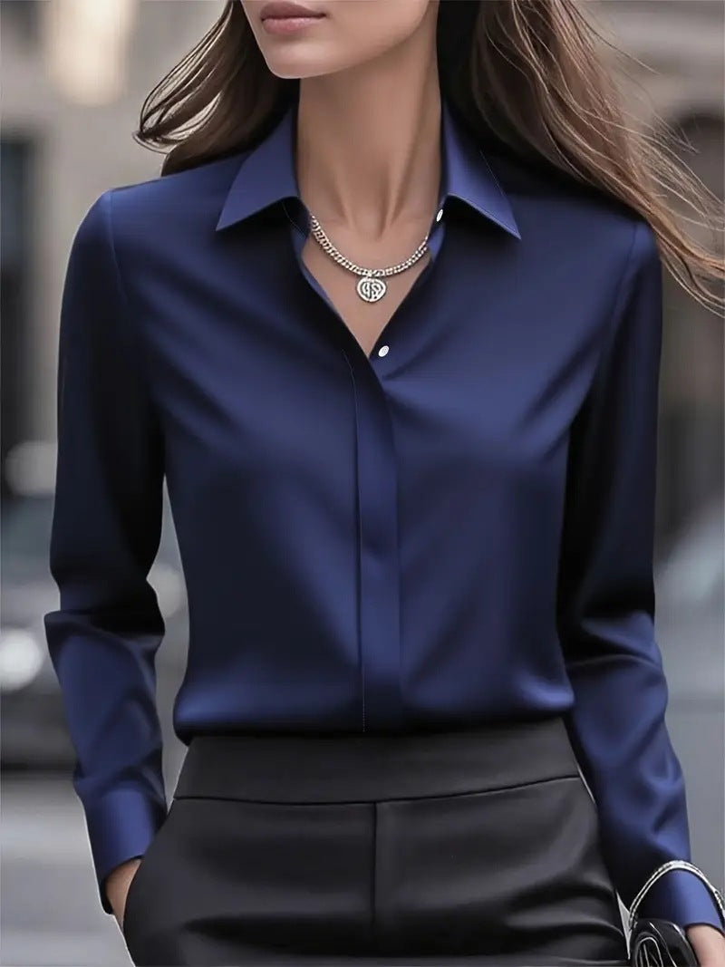 Women's Satin Shirt - Long Sleeve Concealed Placket Button Front
