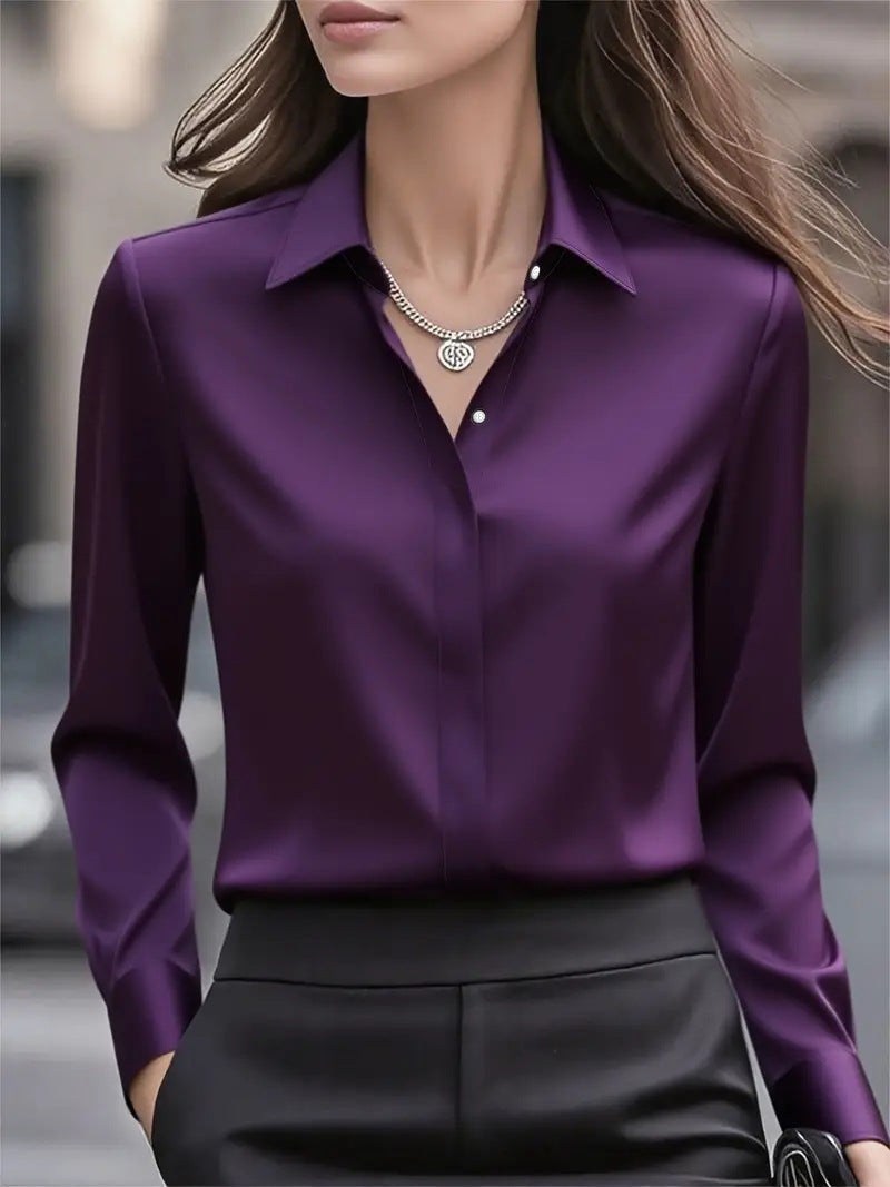 Women's Satin Shirt - Long Sleeve Concealed Placket Button Front