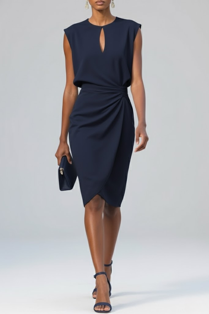 Women's Sleeveless Midi Dress - Keyhole Neck Ruched Waist