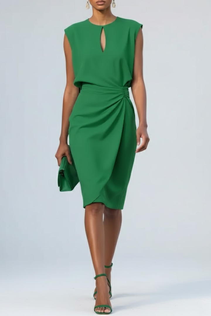 Women's Sleeveless Midi Dress - Keyhole Neck Ruched Waist